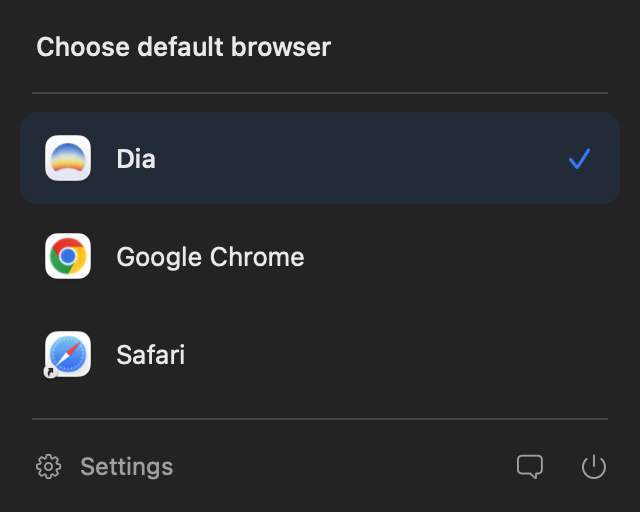 Glasswitch menu bar panel listing Dia, Google Chrome, and Safari, with Dia checked as the default browser