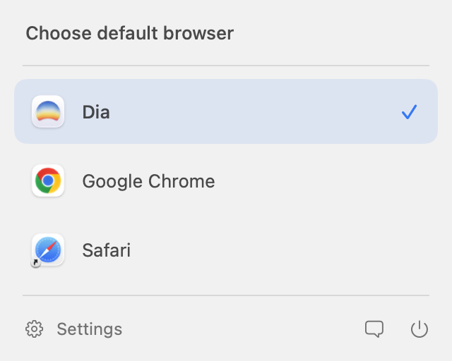 Glasswitch menu bar panel listing Dia, Google Chrome, and Safari, with Dia checked as the default browser