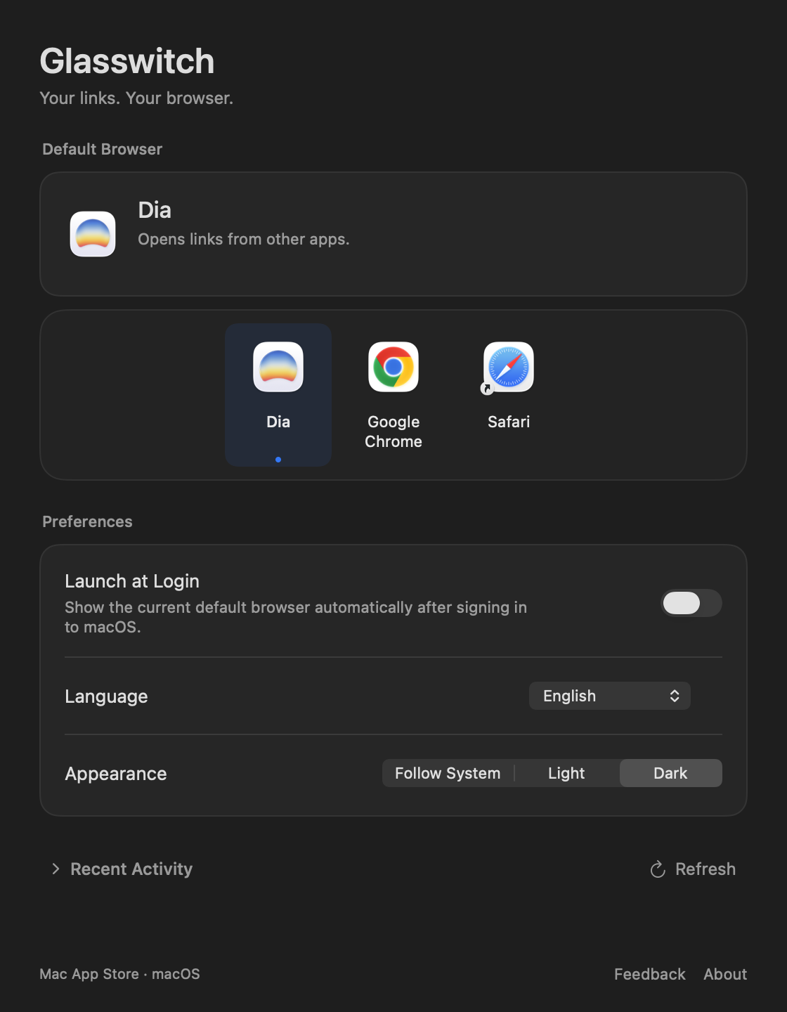 Glasswitch Settings window showing the current default browser, browser icons, and preferences