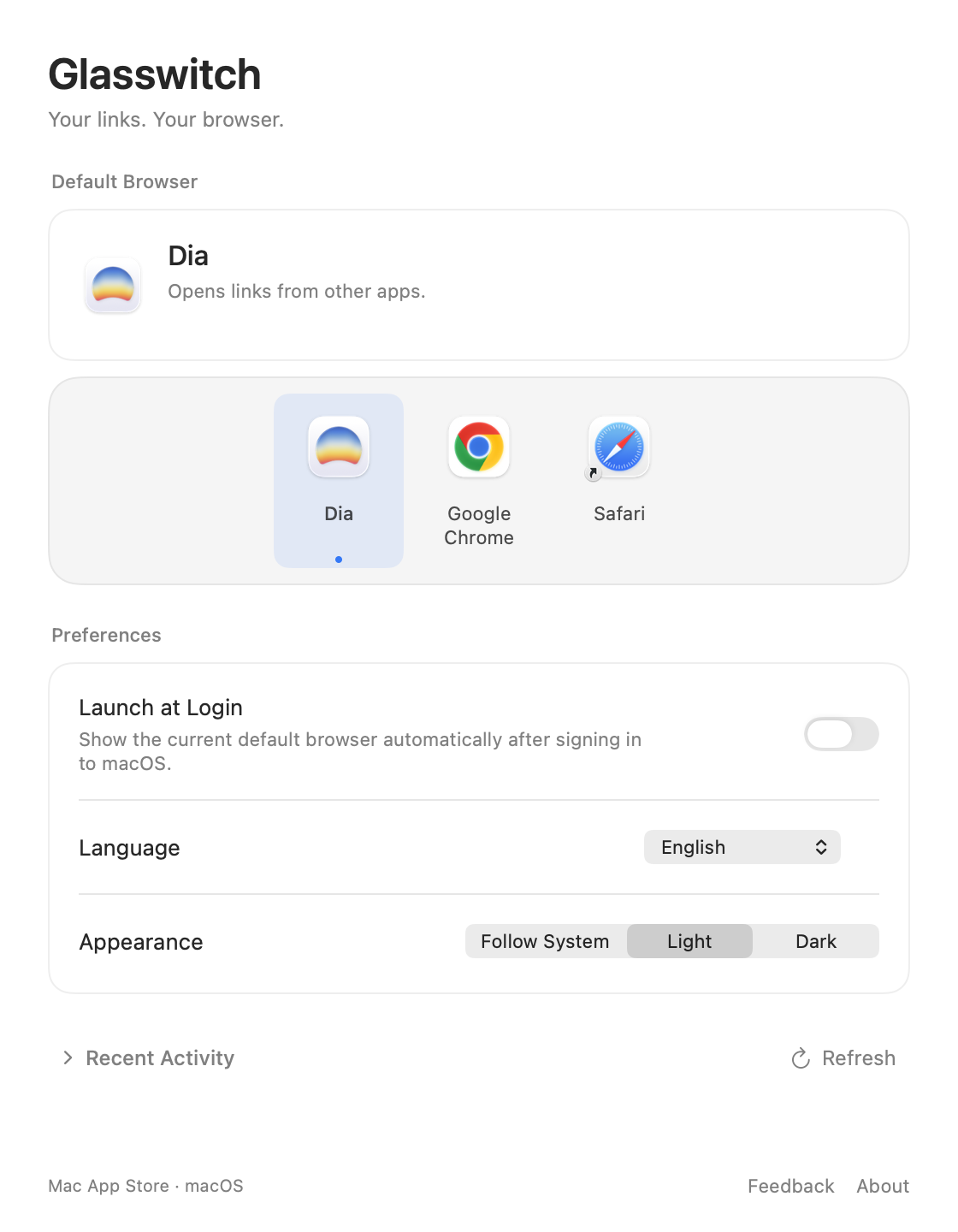 Glasswitch Settings window showing the current default browser, browser icons, and preferences